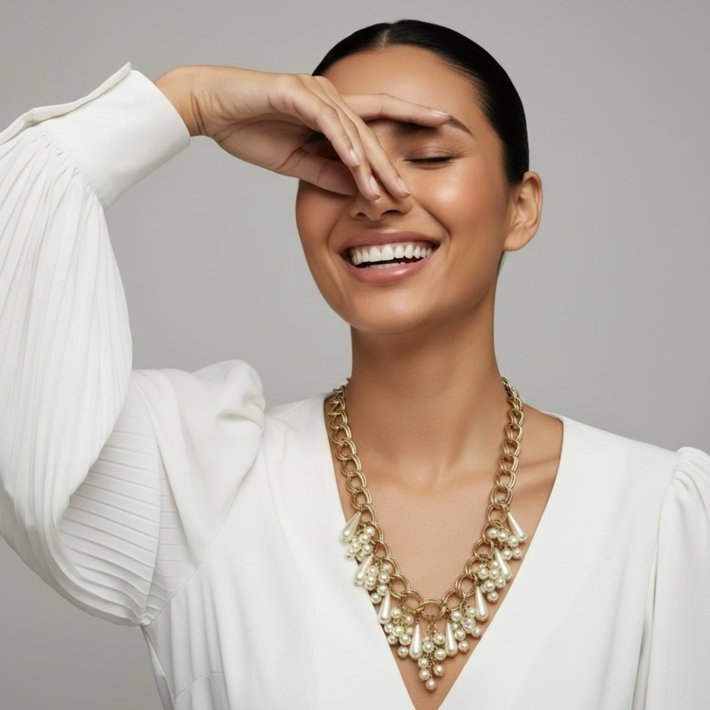 Elegant Gold and Pearl‎ Necklace Double Chained Plastic Pretty Necklace